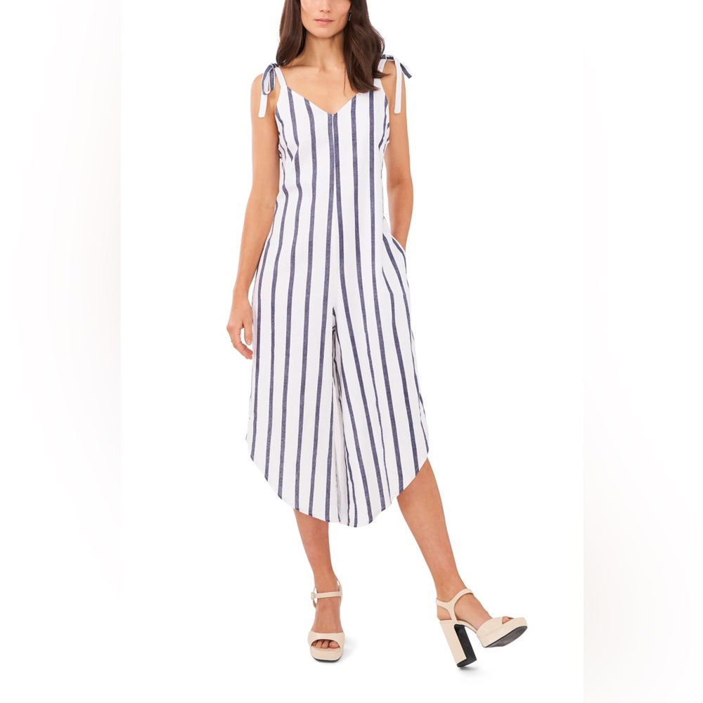 Vince Camuto | Striped Tie-Shoulder Cropped Jumpsuit
